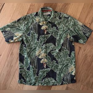 Tommy Bahama Shirt Mens Gray and Green Silk Hawaiian Camp Palm Tree, Sz S